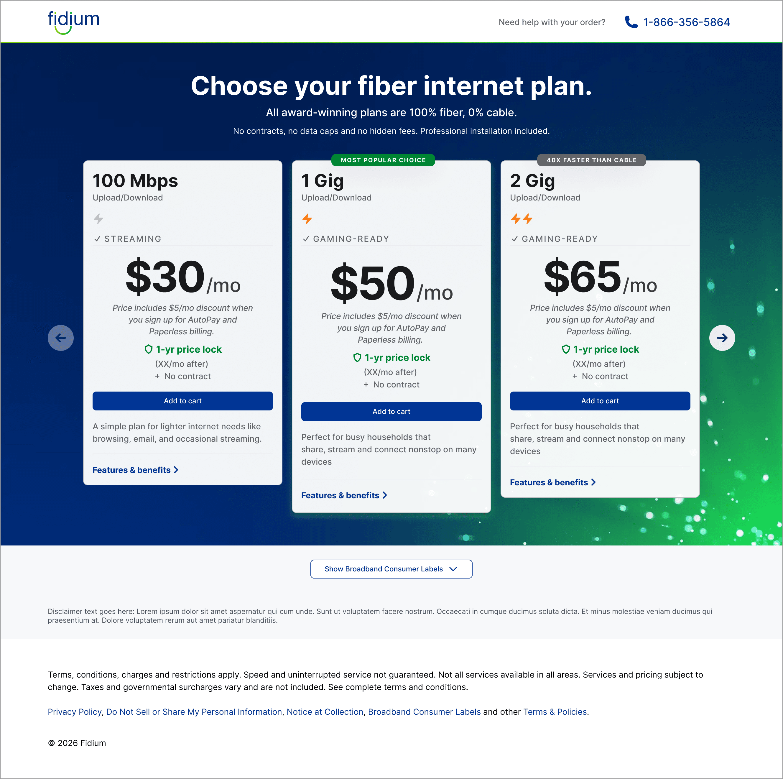 Fidium e-commerce buyflow screen showing plan selection and pricing cards.