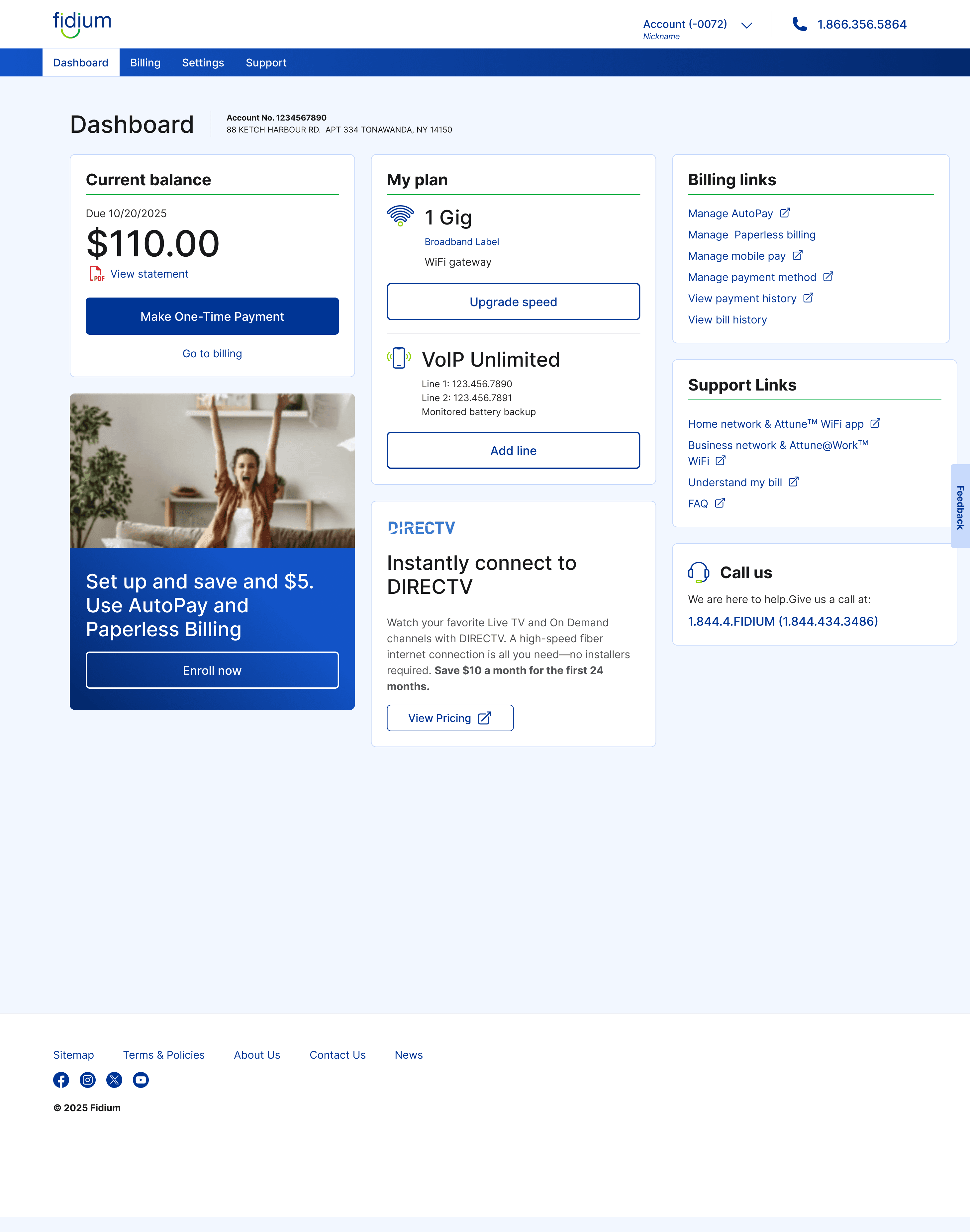 Fidium customer portal dashboard showing balance, plan details and account actions.